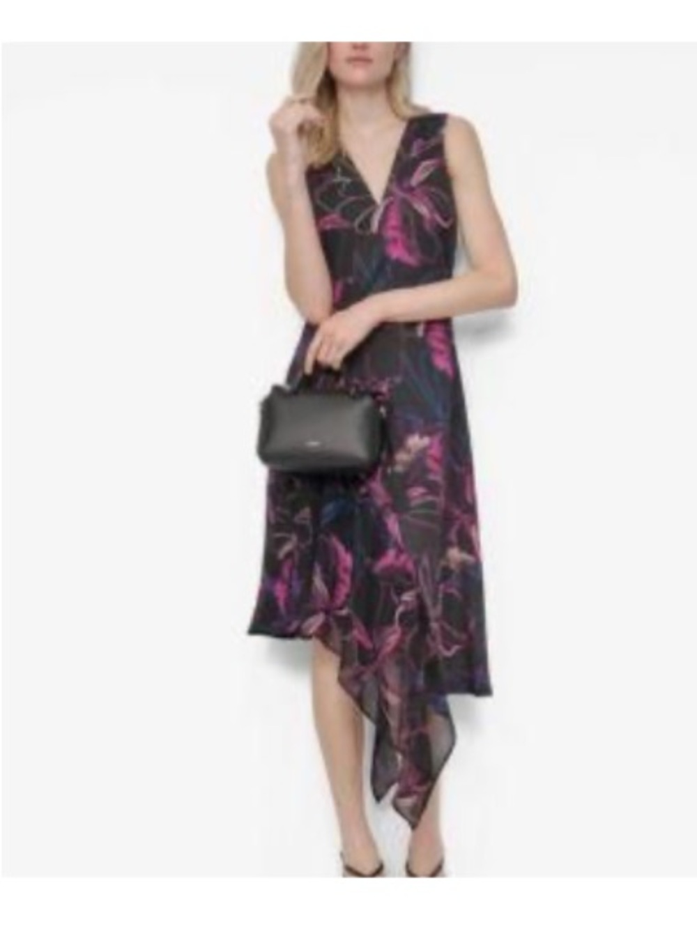 DKNY Floral Chiffon Asymmetrical Ruffle Midi Dress Size 8 NWT